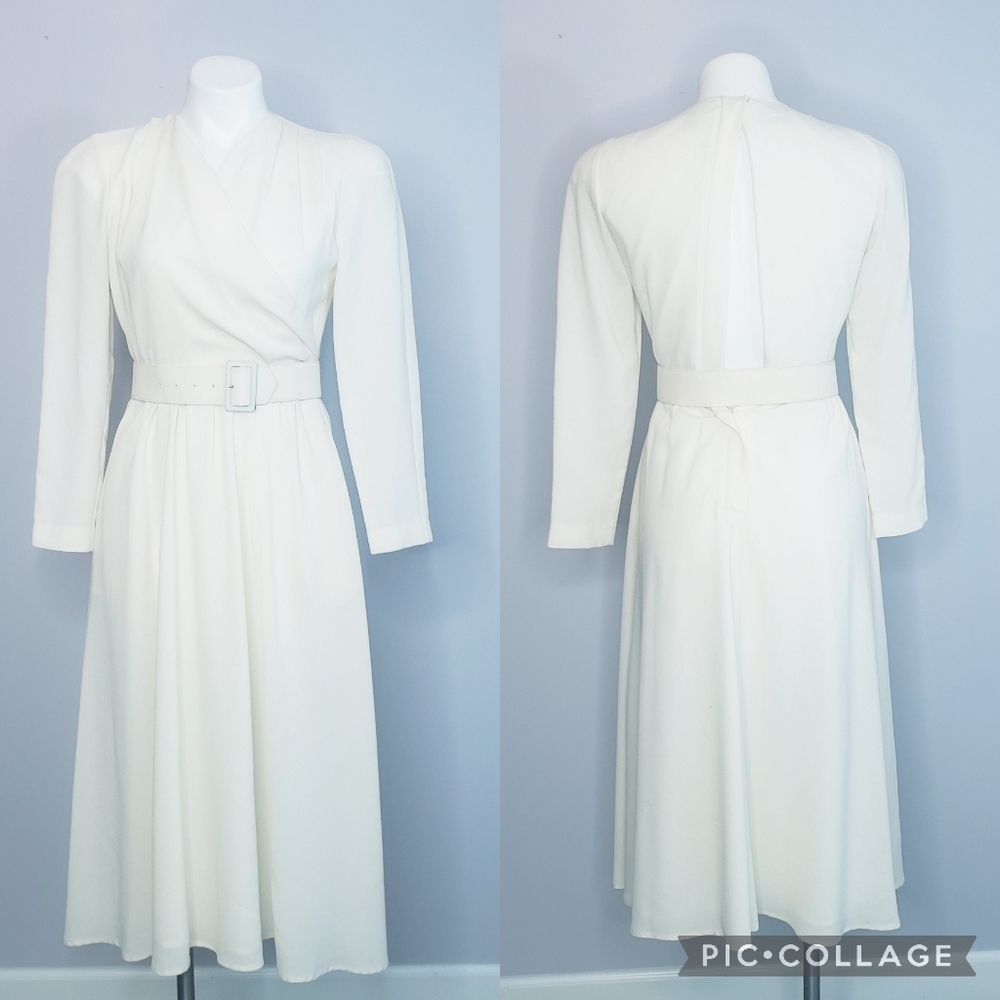 Albert Nipon Ivory Long Sleeve Belted Midi Dress